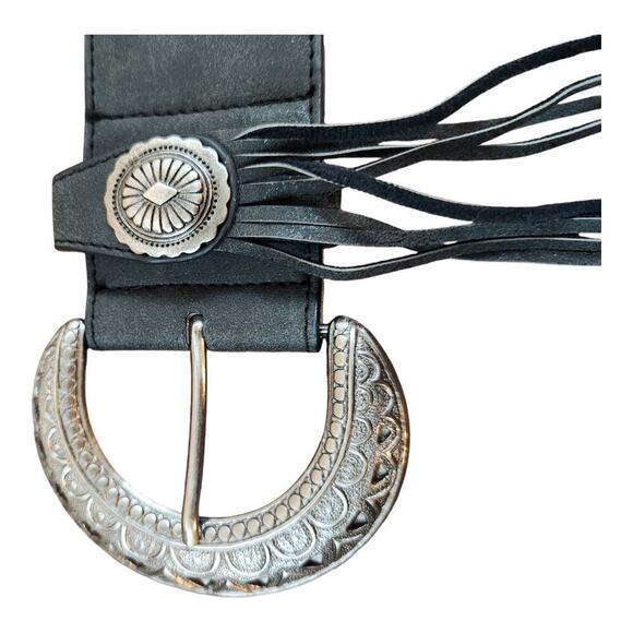 Leather belt fringe with silver color accents sz large Wide western boho black - Picture 3 of 16